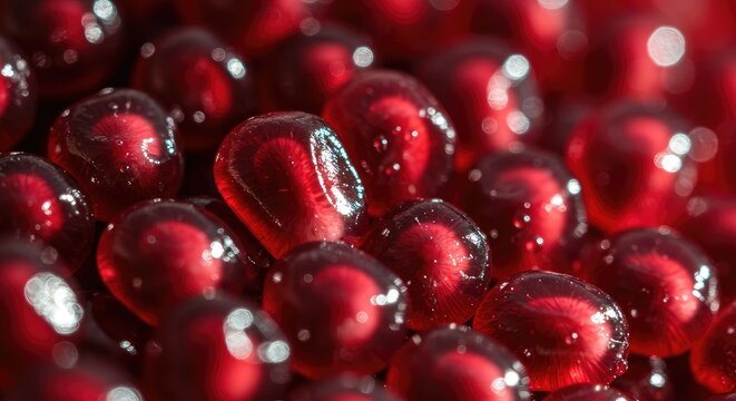 Juicy close-up of fresh pomegranate seeds with vibrant red arils and natural moisture