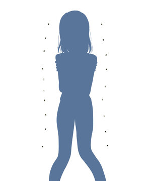 身をすくめる女性　震える　シルエット