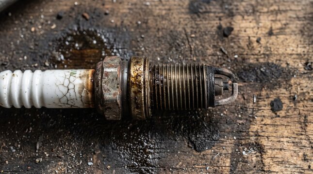 Used car spark plug. Old fouled sparkplug lying on a dirty wooden workbench in mechanic shop