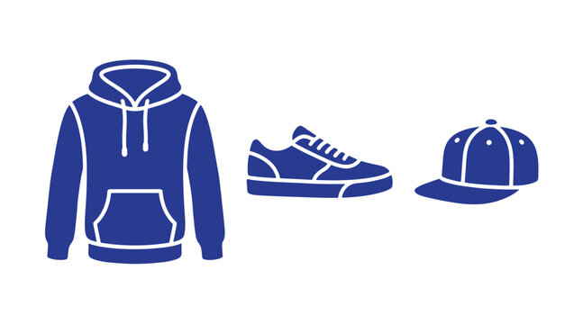 Streetwear fashion set with hooded sweatshirt sneaker and baseball cap icons streetwear clothing wardrobe silhouette illustration baseball headwear shopping collection