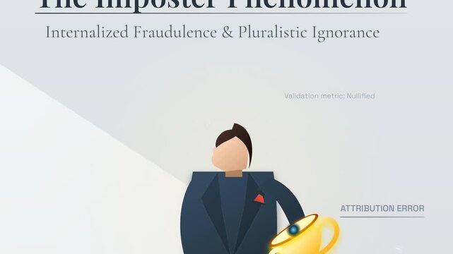 Animated infographic explaining the imposter phenomenon, cognitive dissonance, and internalized fraudulence where successful individuals attribute their achievements to serendipity