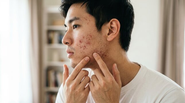 Young Asian Man Examining Acne and Pimples on His Cheek for Skin Care Treatment