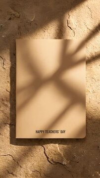 Beige Notebook with Happy Teachers Day Text Under Palm Tree Shadow