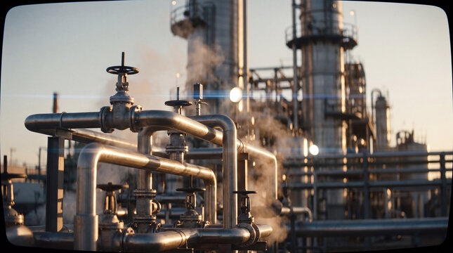Rows of gate valves and hand wheels sit on refinery pipework in low warm sun, steam rising and blue streak flares crossing the frame.