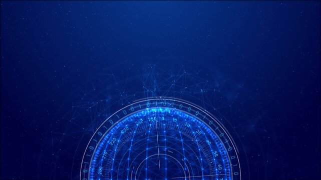 Glowing blue radar dashboard combines circular gauges, binary symbols and connected points across a dark technology scene, useful for data analysis, network systems, security, AI and digital business.