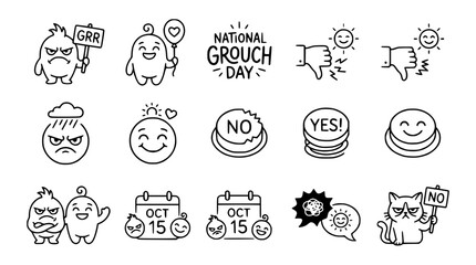 Fototapeta premium Cute Grumpy & Happy Characters, Emoticons, Thumbs Down & Up, Calendar, Cat - Vector Icons