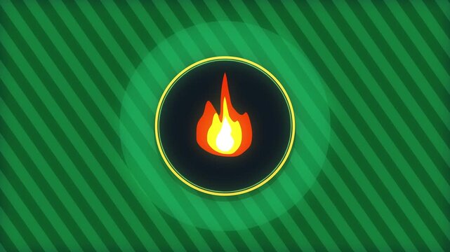 Pixel art flame icon animation loop, fire element glowing on dark circle, green striped background