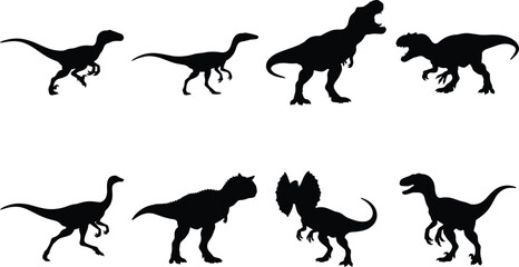 Collection of flat black theropod dinosaur silhouettes featuring trex raptor and carnotaurus for commercial vector graphic design © GeetaRani
