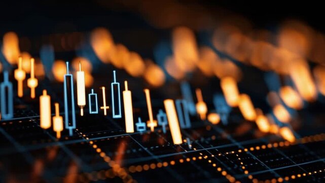 A dynamic stock market chart visualizes financial data with candlestick patterns and glowing orange lights. ..Created with Generative AI, not depicting real subjects.