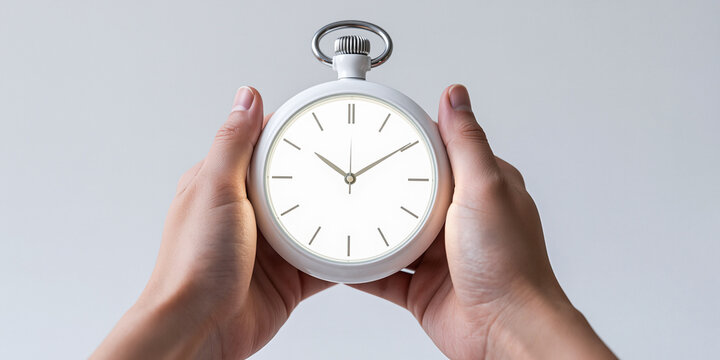 person holding white analog clock stopwatch timer displaying countdown isolated studio background, human hands showing round dial watch timepiece deadline urgency management