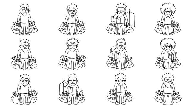 Collection of Tired Shoppers with Bags, Isolated on White Background