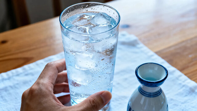 Pouring fresh cold water from a bottle into a glass with ice cubes on white background