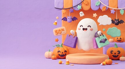 Fototapeta premium Cute 3D ghost holding shopping bags for Halloween sale promo background