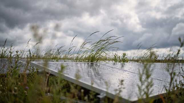 Rain drops cling to a row of solar panels set low among meadow grasses and wildflowers as heavy grey clouds roll over the flat horizon.