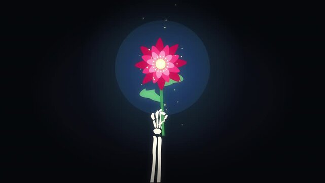 pixel art skeleton hand holding a glowing pink flower, magical particles, dark background animation