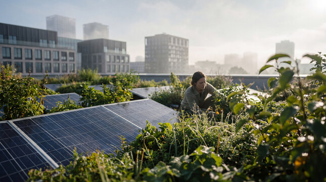 A gardener kneels to tend dense planting beside rooftop solar panels while apartment blocks and a hazy skyline rise in the morning light.