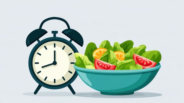 A fresh salad bowl with leafy greens, tomatoes, and orange slices sits beside a classic alarm clock showing 4:00.