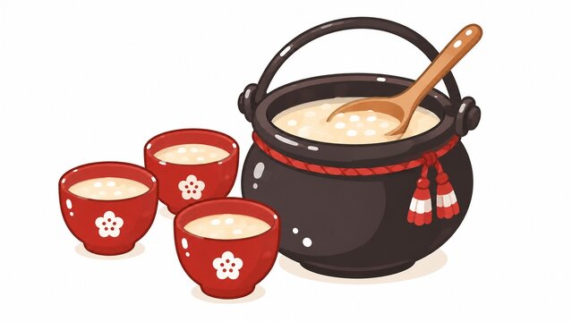 赤い梅の花模様の杯が並ぶ横に木製おたまが入った大鍋の甘酒のイラスト