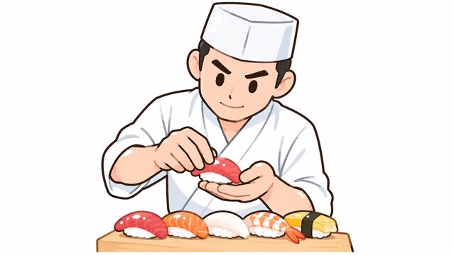 熟練の寿司職人が新鮮なネタで握り寿司を作っている様子と完成した寿司のイラスト
