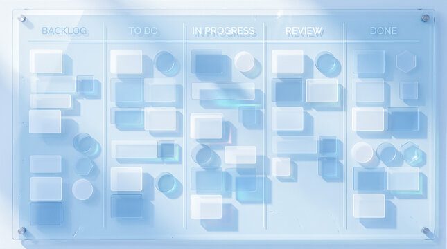 Transparent glass kanban board featuring multiple square circular sticky notes arranged across four columns labeled backlog to do in progress review done