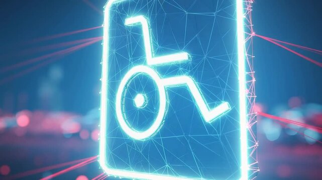 A digital illustration depicts a glowing neon wheelchair symbol encased in a polygonal network. ..Created with Generative AI, not depicting real subjects.