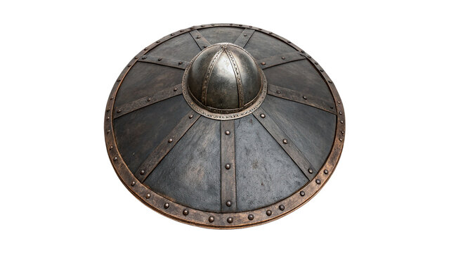 Ancient round medieval metallic iron warrior shield icon isolated on transparent background.