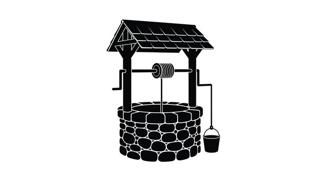 Stone well with wooden structure and bucket is a black silhouette