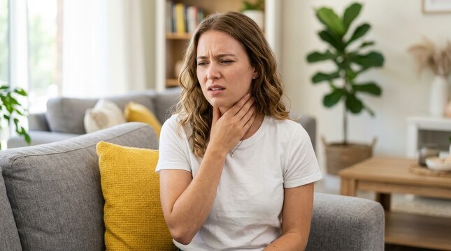 Young Woman Suffering from Sore Throat and Painful Swallowing at Home in Living Room