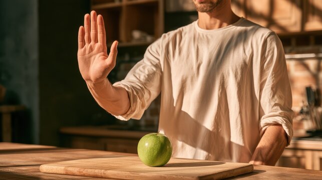 A man in a beige shirt raises his hand in a stop gesture above a green apple on a wooden cutting board in a warmly lit kitchen.