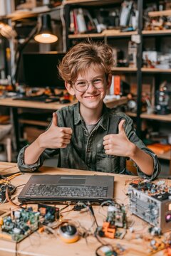 Boy showing thumbs up in electronics workshop, vertical