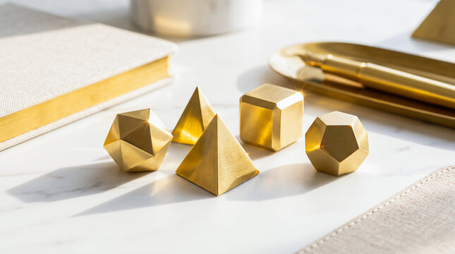 Golden geometric solid shapes, brass pyramid, metal cube, polyhedral figures, notebook, fountain pen tray, white marble desk, workspace still life arrangement