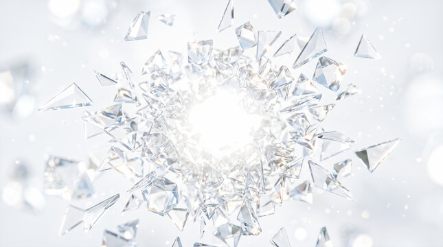 Shattered glass shards, exploding crystal pieces, flying diamond fragments, dynamic break impact, bright center flash, white background, motion freeze frame