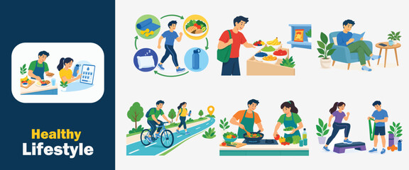 Naklejka premium Healthy lifestyle vector illustration set with people exercising, eating nutritious food, and relaxing