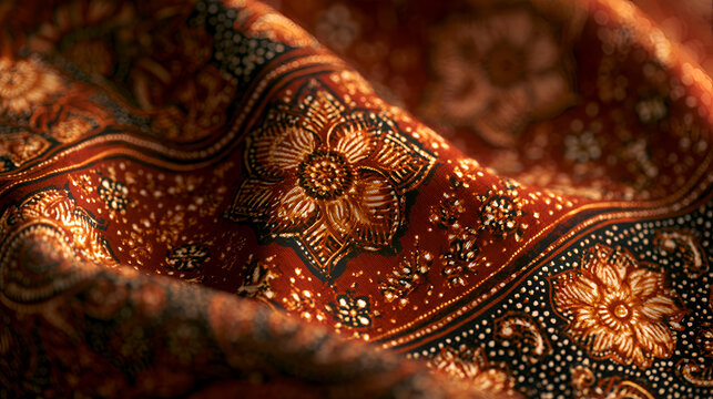 Batik Sarong Pattern Glowing With Traditional Cultural Motifs, Warm Tungsten Interior Light, Macro Lens, Fine Detail, High-Contrast Tones, High-Resolution Digital Art, Clean Modern Design