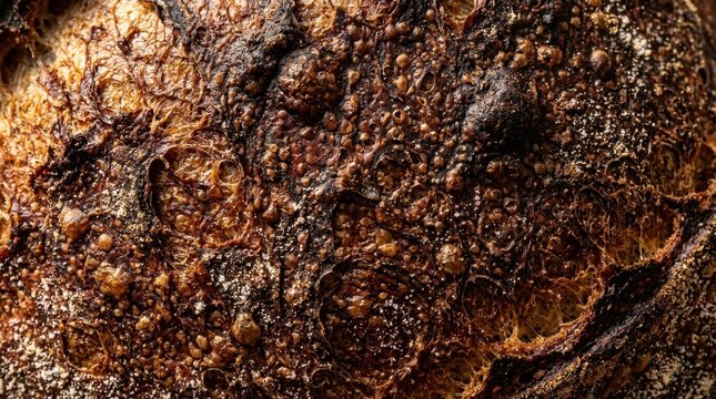 Close up texture of a dark toasted sourdough bread crust with natural grain