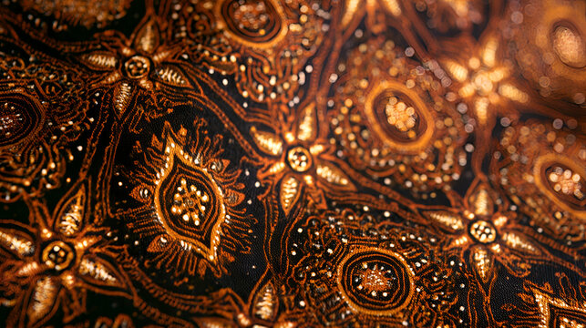 Batik Sarong Pattern Glowing With Traditional Cultural Motifs, Warm Tungsten Interior Light, Macro Lens, Fine Detail, High-Contrast Tones, High-Resolution Digital Art, Clean Modern Design