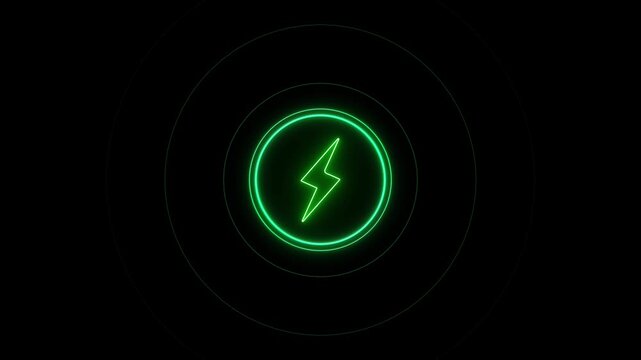 Bright green electric bolt icon glows inside circular rings, modern visual fast charging, battery technology, renewable power, electric mobility, clean energy, smart grids and sustainable innovation.