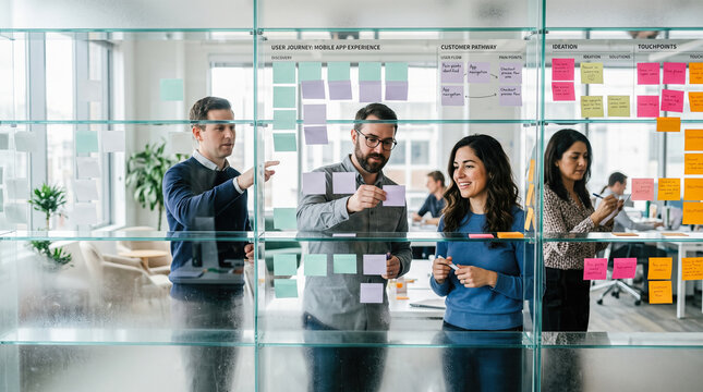 colleagues sticking colorful paper notes on transparent glass wall during user experience journey mapping workshop inside modern creative corporate office