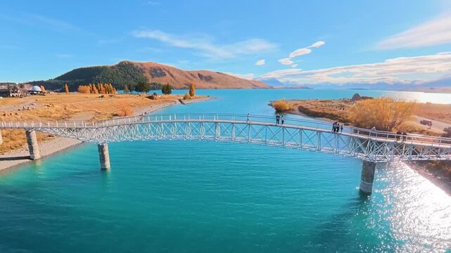 Aerial shots of New Zealand, Lake Tekapo and the White Bridge in autumn