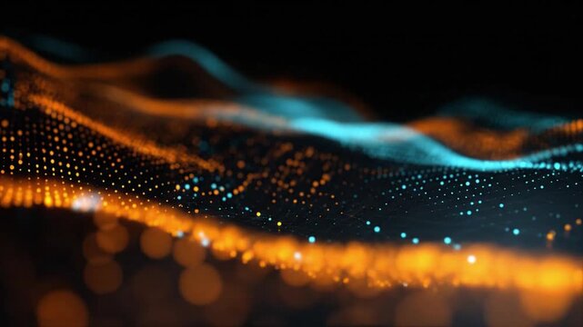 Abstract Data Flow: An intricate digital visualization showcasing swirling patterns of orange and blue light particles, representing the dynamic flow of data and information in a futuristic.