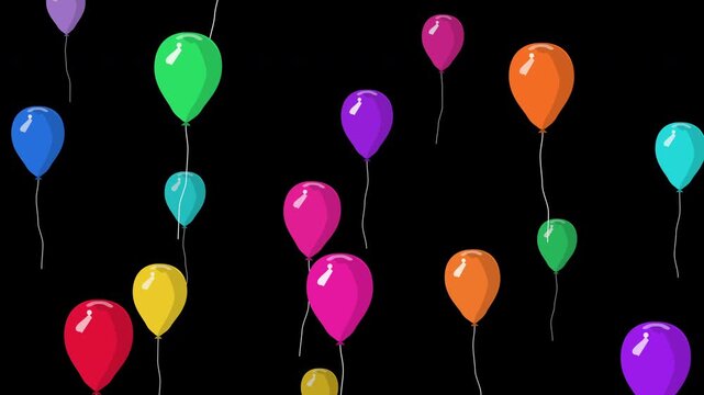 Pixel art animation of colorful balloons floating upwards against a black background, party celebration loop