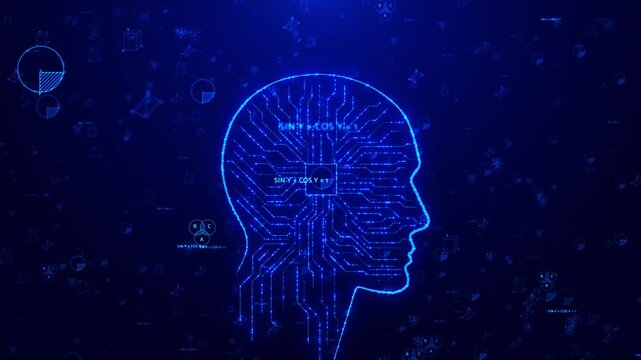 Futuristic human profile contains processor circuits by scientific diagrams, generative AI, neural computing, deep learning, reasoning, algorithms, automation, intelligent agents digital research.