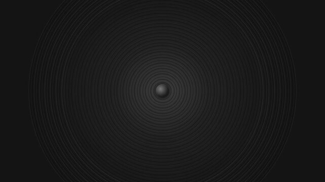 Minimalist black abstract background with concentric circular rings pattern and central sphere