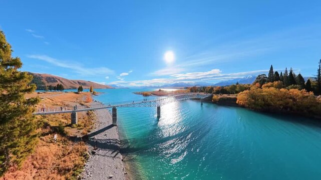 Aerial shots of New Zealand, Lake Tekapo and the White Bridge in autumn