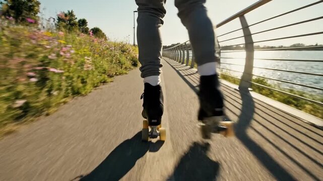 Roller skater cruises beside water on flower lined promenade, black skates cutting long shadows across pavement. Young adult skater keeps steady pace through bright, sunny, outdoor leisure setting.