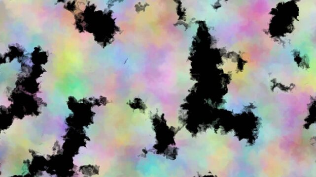 Abstract colorful watercolor background texture with dramatic black ink blotches and flowing pastel clouds