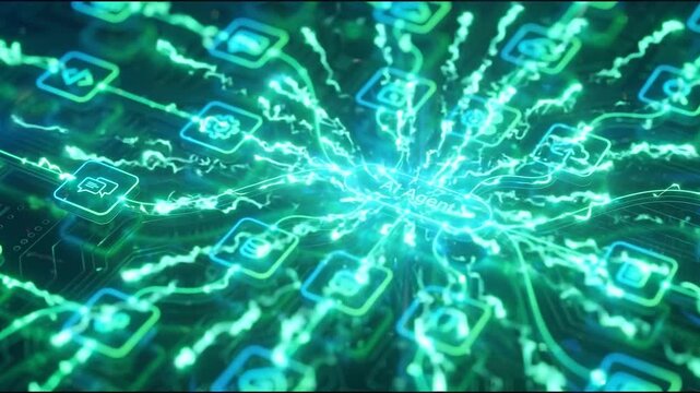 AI agentic workflow automation artificial intelligence agent software interface nodes triggers data tool dashboard coding icon flow process database technology 3d rendering. 