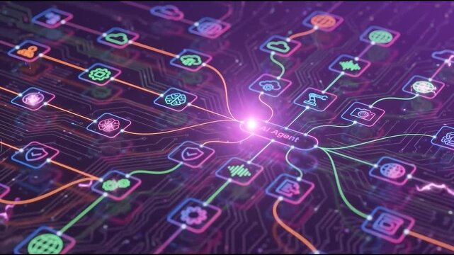 AI agentic workflow automation artificial intelligence agent software interface nodes triggers data tool dashboard coding icon flow process database technology 3d rendering. 