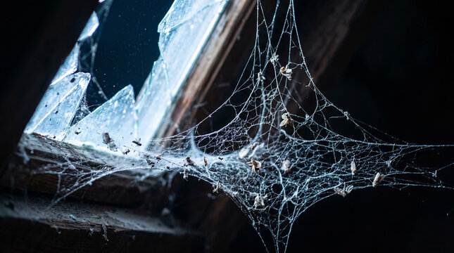 Cobwebs on Broken Attic Window