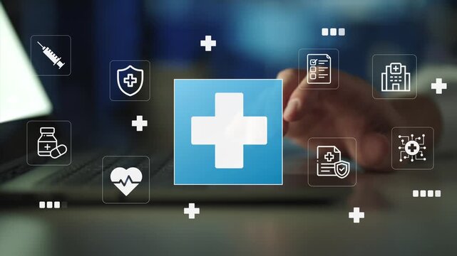 Insurance concept in hospital background. patient data technology to medical check. healthcare medical icons